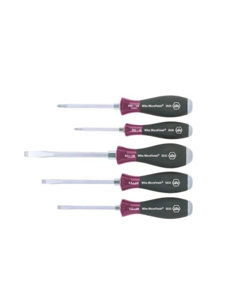 Wiha Schroevendraaierset MicroFinish Sleufkop, Phillips met doorgaande zeskantschacht en massieve stalen kap 5-delig (29138)