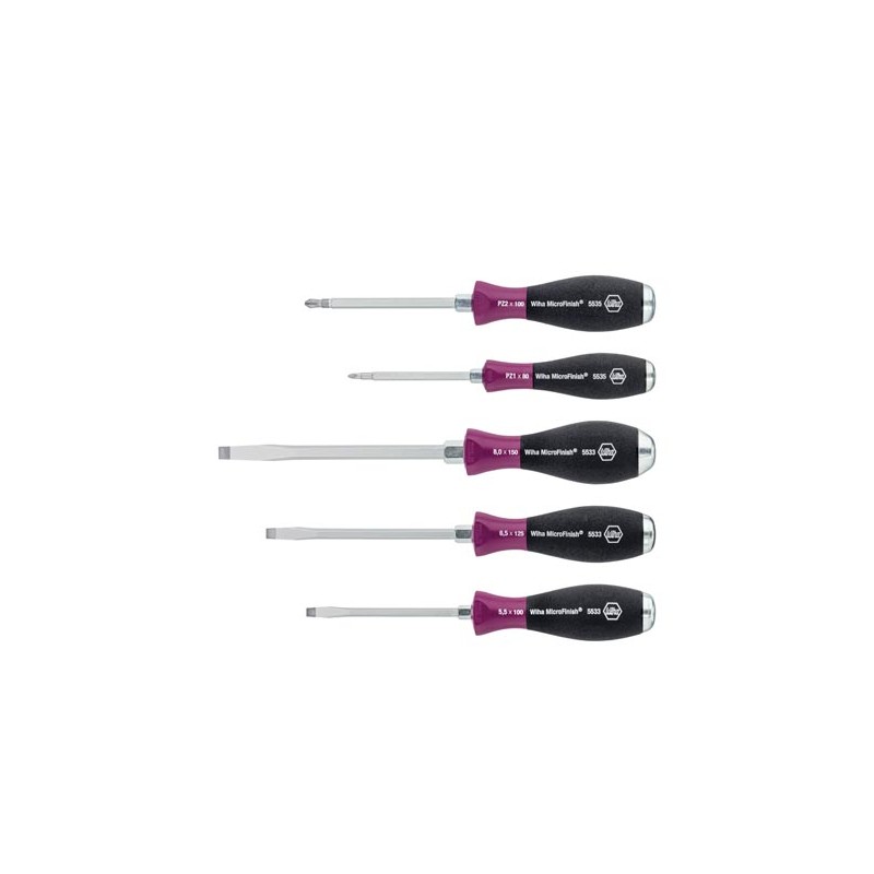 Wiha Screwdriver set MicroFinish® Slotted, Pozidriv with one-piece hexagonal blade and solid steel cap, 5-pcs. (29139)