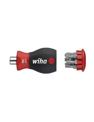 Wiha Destornillador con cargador magnético Phillips, ranurado, con 6 bits, Stubby, de 1/4", en blíster (33738)