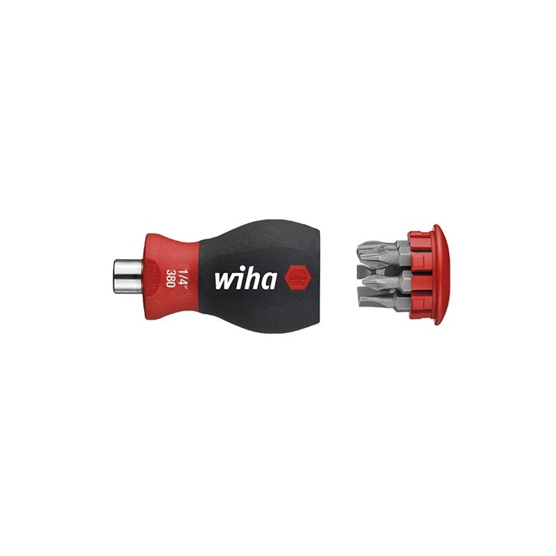 Wiha Screwdriver with bit magazine magnetic Pozidriv, Phillips with 6 bits, Stubby, 1/4" in blister pack (33741)