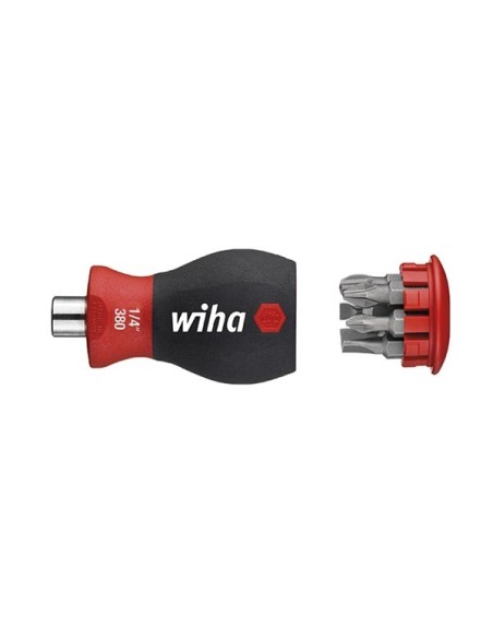 Wiha Schraubendreher mit Bit Magazin magnetisch Schlitz, Pozidriv mit 6 Bits, Stubby, 1/4" in Blister (33746)