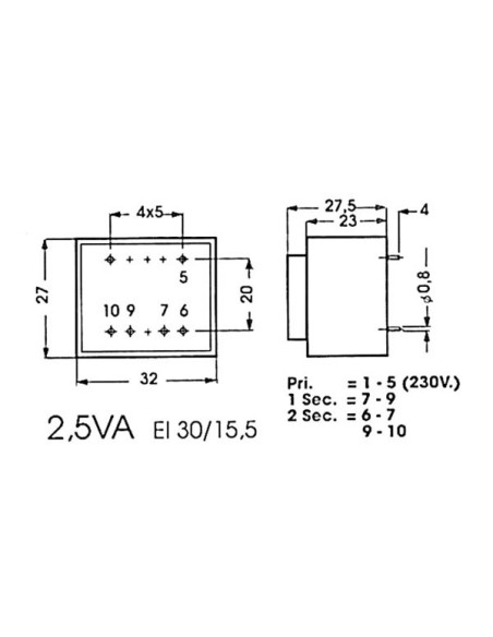 INGEGOTEN TRANSFORMATOR 2.5VA 1 x 18V / 1 x 0.139A
