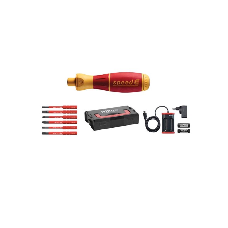 Wiha e-screwdriver, set 1, speedE®  Slotted, Phillips, PlusMinus/Pozidriv, 10 pcs in L Boxx Mini with slimBits, batteries and EU