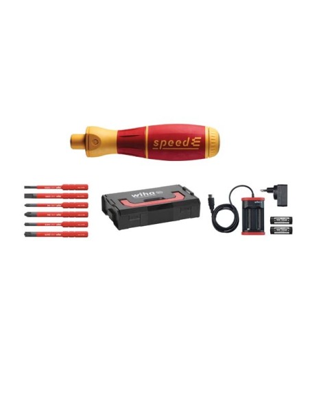 Wiha e-screwdriver, set 1, speedE®  Slotted, Phillips, PlusMinus/Pozidriv, 10 pcs in L Boxx Mini with slimBits, batteries and EU