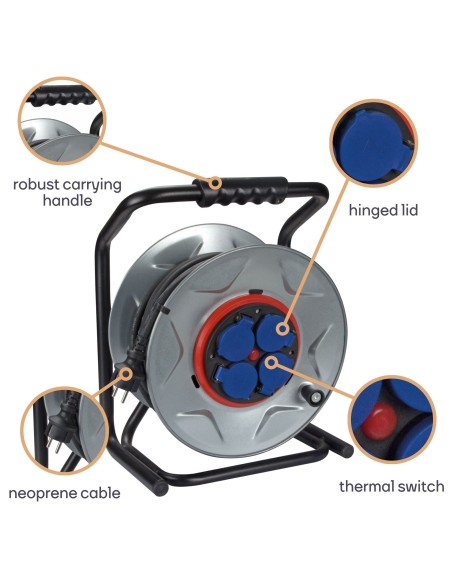 PROFESSIONELLE KABELTROMMEL MIT 'ANTI-TWIST'-SYSTEM - NEOPREN - 25 m - 3G2.5 - 4 STECKDOSEN - STECKER-TYP E (FRANZÖSISCHES SYSTE