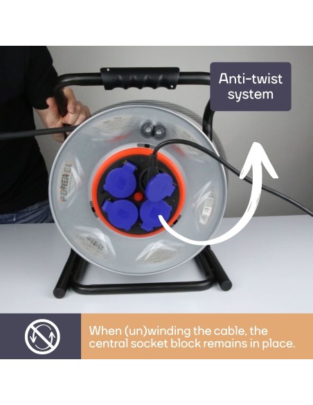 PROFESSIONAL NEOPRENE CABLE REEL WITH ANTI-TWIST SYSTEM - 25 m - 3G2.5 - 4 SOCKETS - FRENCH SOCKET