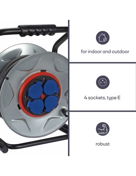 PROFESSIONAL NEOPRENE CABLE REEL WITH ANTI-TWIST SYSTEM - 40 m - 3G2.5 - 4 SOCKETS - FRENCH SOCKET