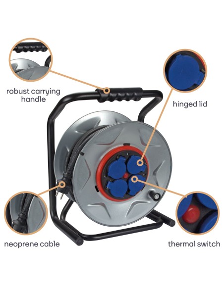 PROFESSIONELLE KABELTROMMEL MIT 'ANTI-TWIST'-SYSTEM - NEOPREN - 40 m - 3G2.5 - 4 STECKDOSEN - STECKER-TYP E (FRANZÖSISCHES SYSTE