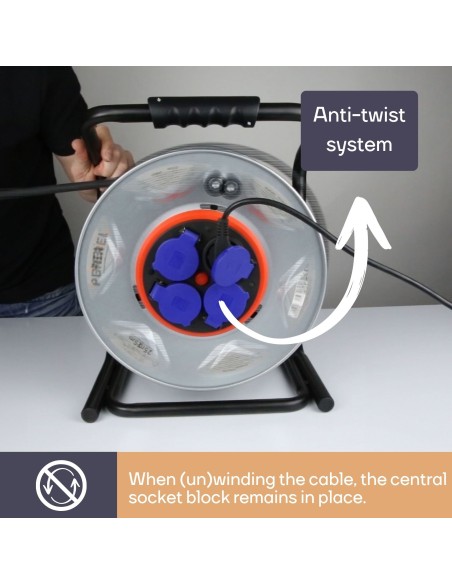 PROFESSIONELLE KABELTROMMEL MIT 'ANTI-TWIST'-SYSTEM - NEOPREN - 40 m - 3G2.5 - 4 STECKDOSEN - STECKER-TYP E (FRANZÖSISCHES SYSTE