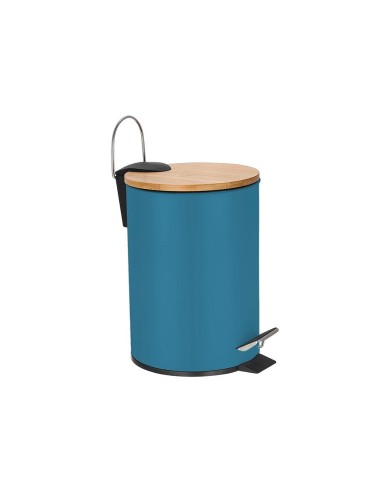 Pedaalemmer - 3 l - Blauw metaal - Bamboe deksel