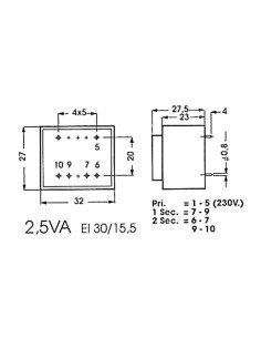 PRINTTRANSFORMATOR 2.5VA 1 x 24V / 1 x 0.104A