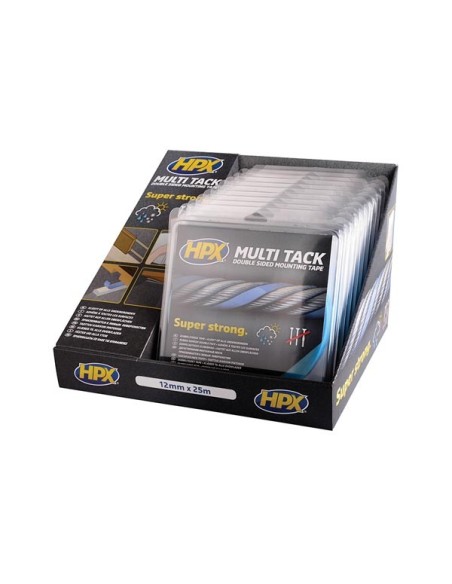 Display mit 10x doppelseitigem Multi-tack Klebeband - halbtransparent - 12 mm x 25 m