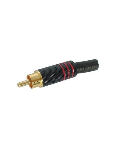 MANNELIJKE RCA PLUG - VERGULDE STEKKER - ZWARTE METALEN BEHUIZING - ROOD