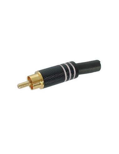 CONECTOR RCA MACHO - PUNTA DORADA - CAJA METÁLICA NEGRA - AROS BLANCOS