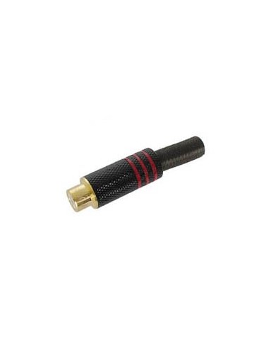 VROUWELIJKE RCA PLUG - VERGULD CONTACT - ZWARTE METALEN BEHUIZING - ROOD