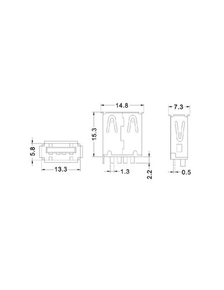 USB-BUCHSE TYP A, 'SINGLE CONNECTOR' 180°, PCB-MONTAGE