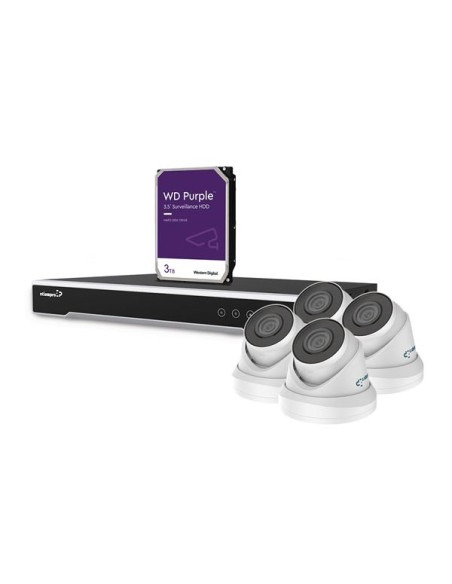 KIT VIDÉOSURVEILLANCE IP 4 MP - ENREGISTREUR NVR 8 CANAUX - 4 x CAMÉRA DÔME IP BLANCHE - 3 To HD - CÂBLES