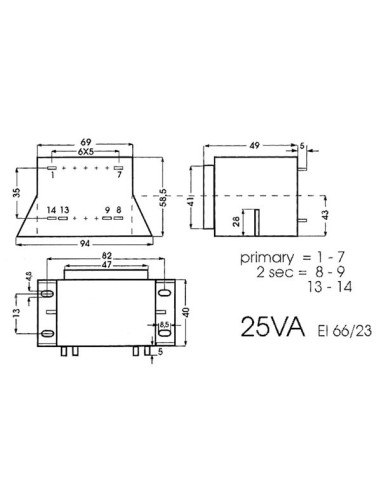 TRANSFORMADOR CON CHAPA 25VA 2 x 6V / 2 x 2.083A