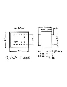 ENCAPSULATED TRANSFORMER 0.7VA 2 x 7.5V / 2 x 0.047A