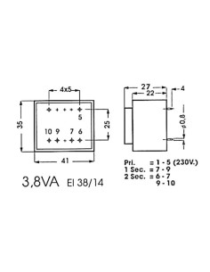 PRINTTRANSFORMATOR 3.8VA 2 x 7.5V / 2 x 0.254A