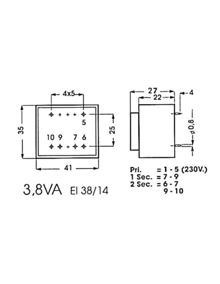 TRANSFORMATEUR MOULE  3.8VA  2 x 7.5V / 2 x 0.254A