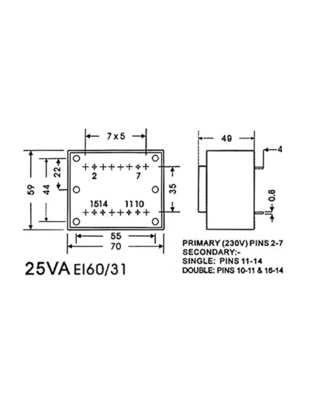 ENCAPSULATED TRANSFORMER 25VA 2 x 7.5V / 2 x 1.667A