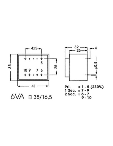 INGEGOTEN TRANSFORMATOR 6VA  2 x 9V / 2 x 0.333A