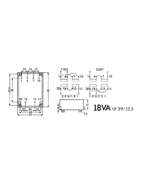 TRANSFORMATEUR BAS PROFIL 18VA 2 x 9V / 2 x 1.000A